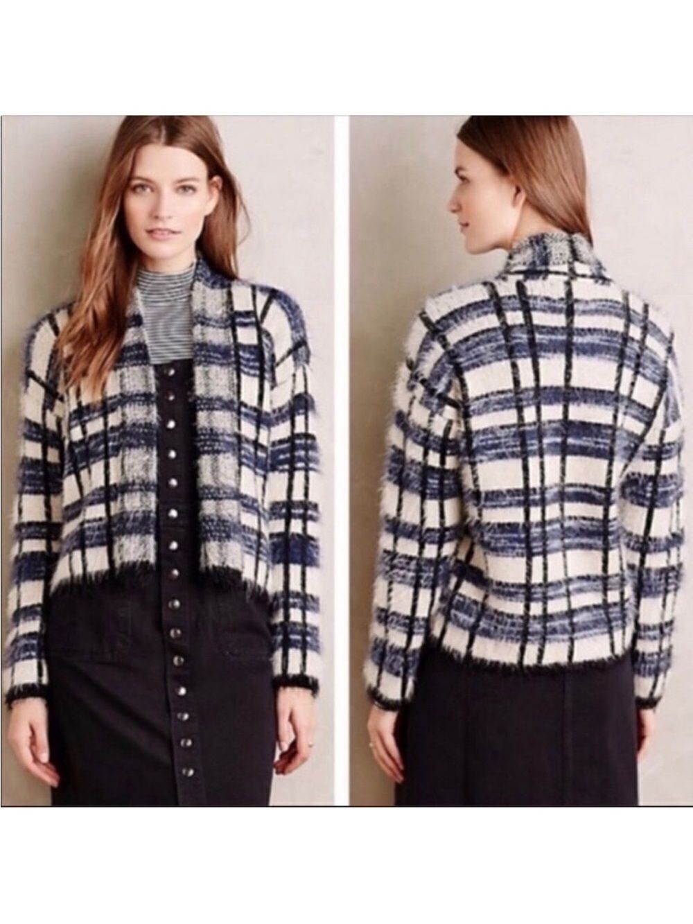 Anthropologie L La Fee Verte Plaid Knit Blue White Frayed Open Cardigan